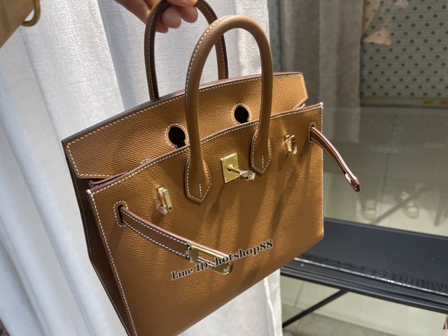 Hermes專櫃經典款手提女包 愛馬仕birkin25cm Epsom掌紋外縫 金棕色金扣純手工 ttd1049